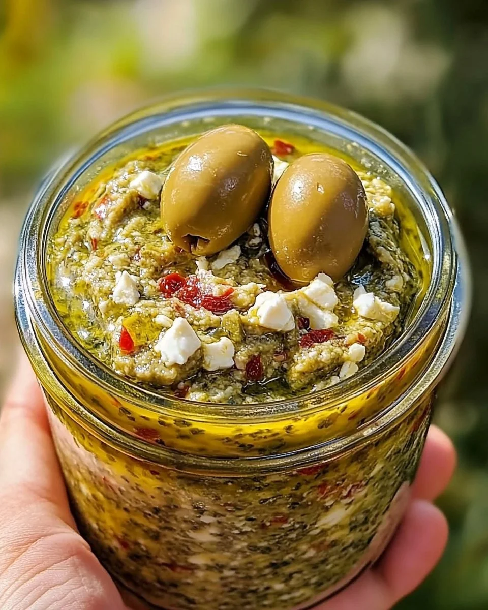 Feta and roasted red pepper dip served in a bowl with fresh vegetables for dipping.