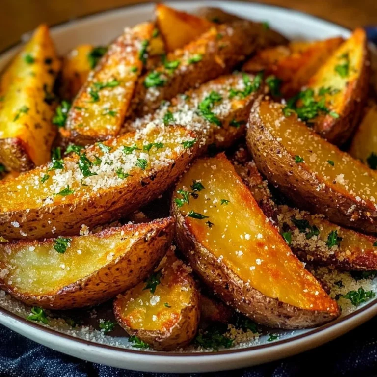 Bowl of Garlic Parmesan Sweet Potato Wedges, crispy and golden brown
