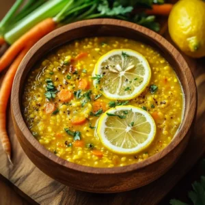 Bowl of golden lemon lentil soup with fresh herbs and lemon slices