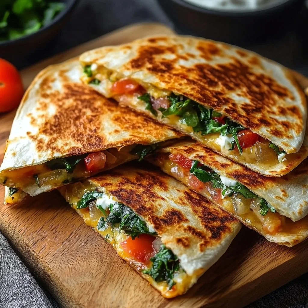 Golden Mediterranean Quesadilla filled with fresh vegetables and cheese.