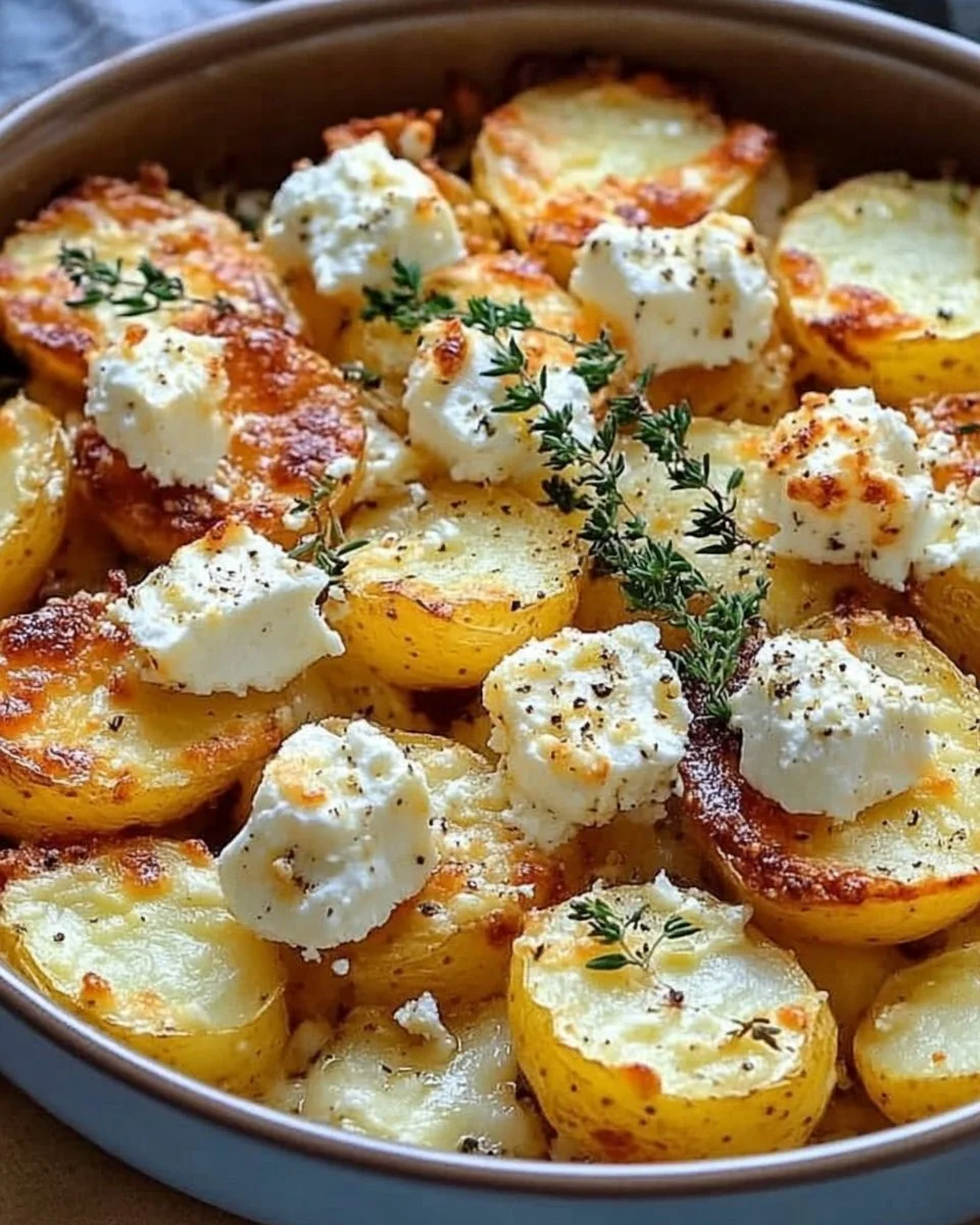 Greek feta roast potatoes garnished with herbs on a plate