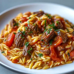 A delicious bowl of Greek Manestra with orzo and tomato sauce garnished with herbs.