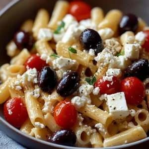 Plate of Greek Pasta topped with feta cheese and fresh herbs
