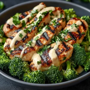 Grilled chicken and broccoli bowls topped with creamy garlic sauce