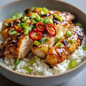 Plate of Hawaiian Chicken served with fluffy Coconut Rice and garnished with pineapple.