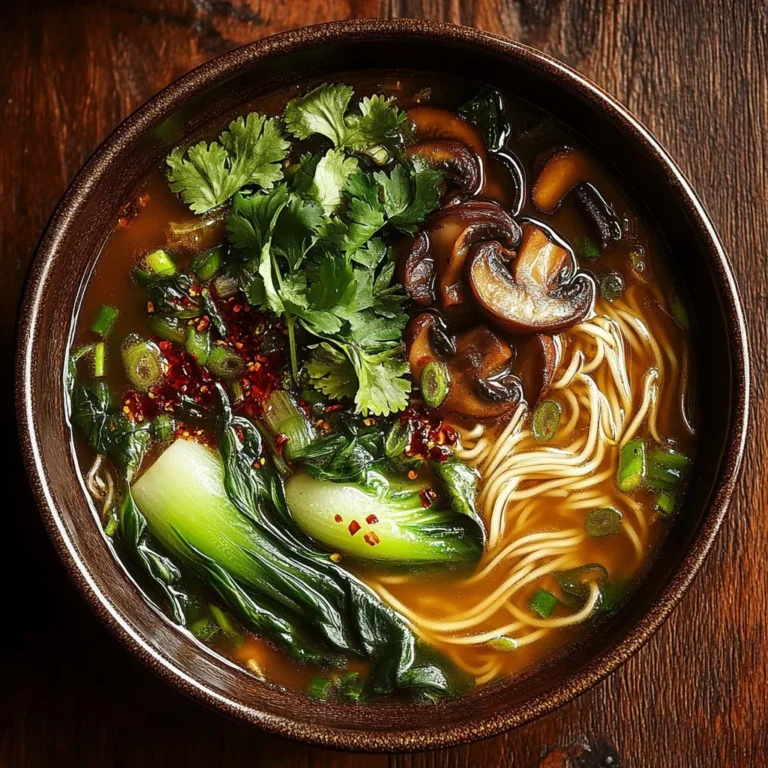 Bowl of healing ginger garlic broth with rice noodles and fresh herbs