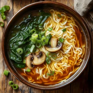 Healing ginger garlic broth with rice noodles and bok choy in a bowl