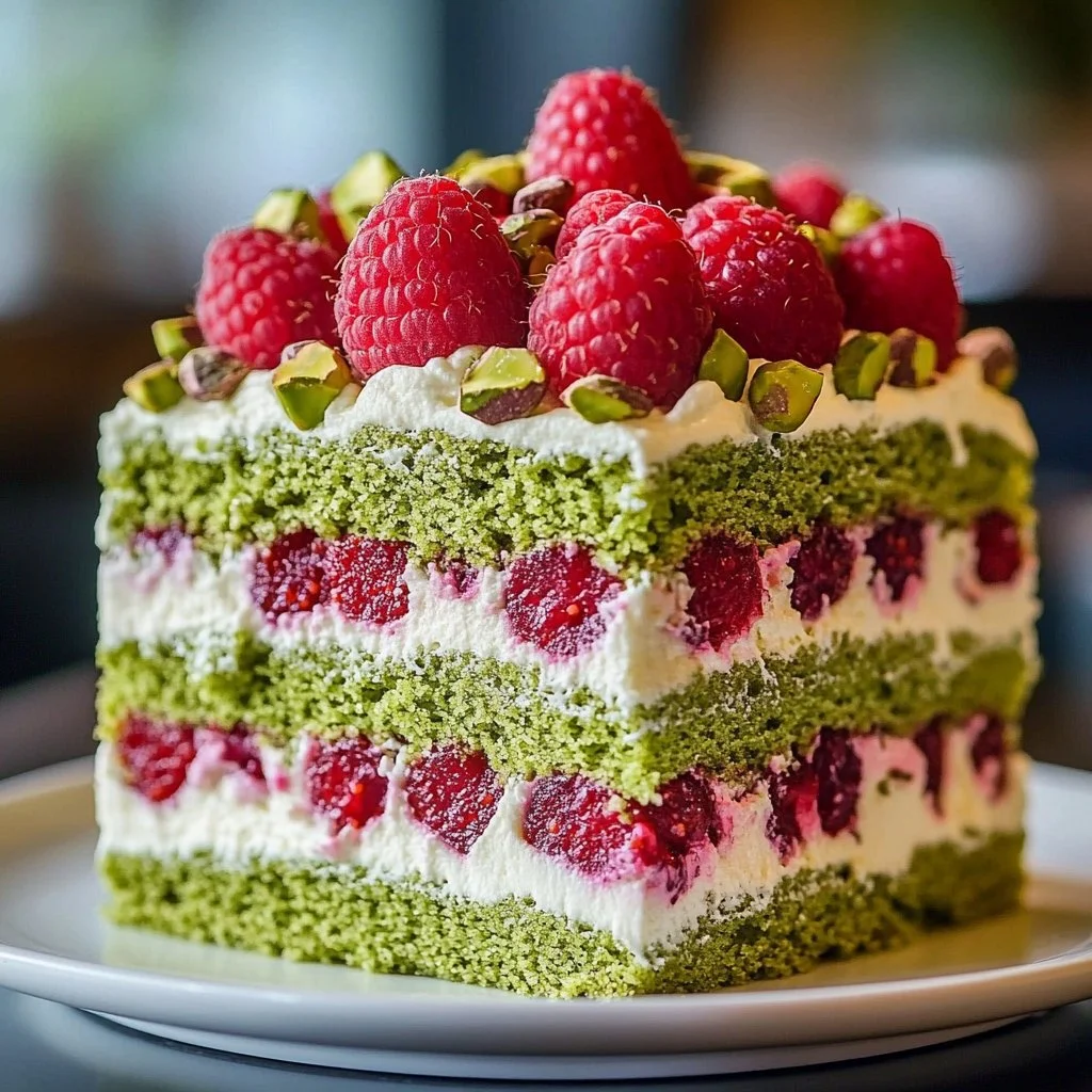 Heavenly pistachio raspberry dream cake topped with fresh raspberries