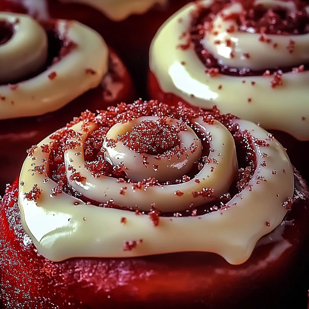 Delicious red velvet cinnamon rolls with cream cheese frosting for brunch