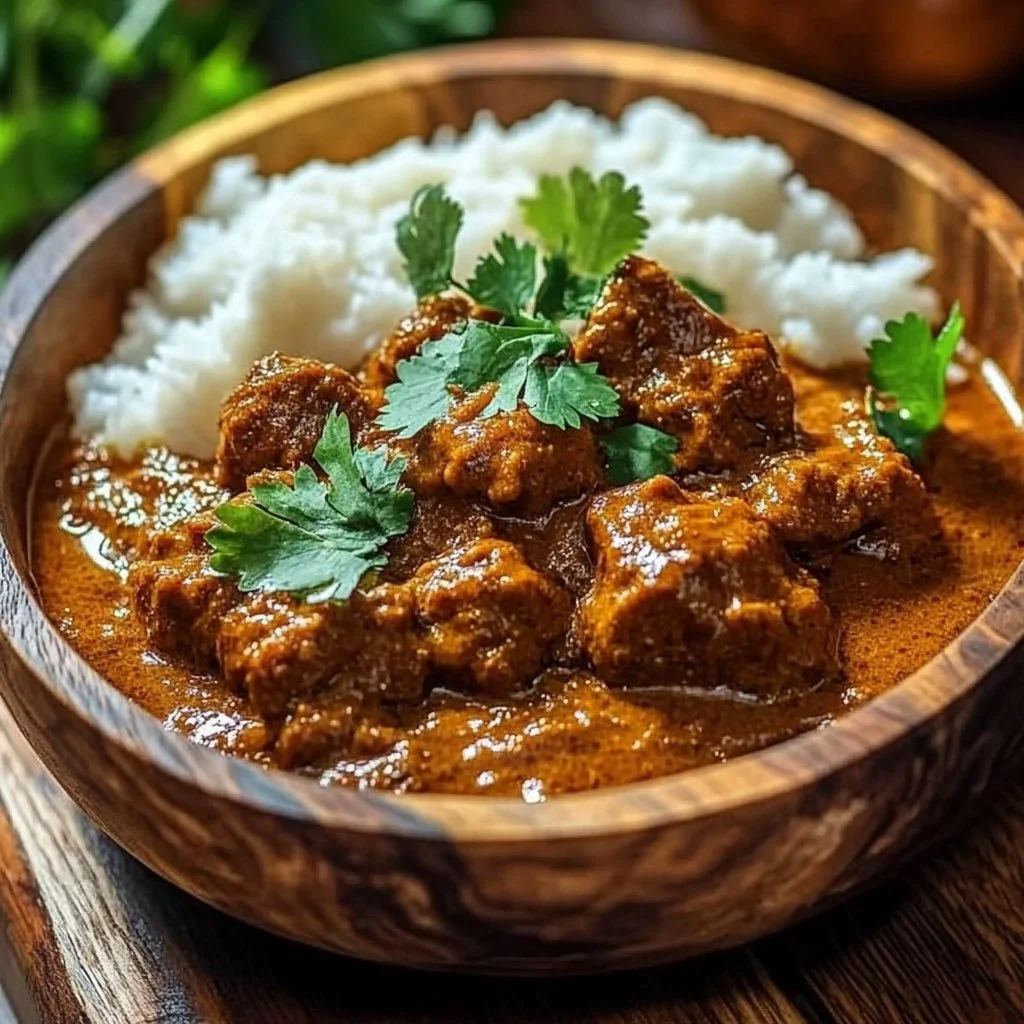 Slow cooker Indian beef curry served in a bowl, perfect for cozy meals.