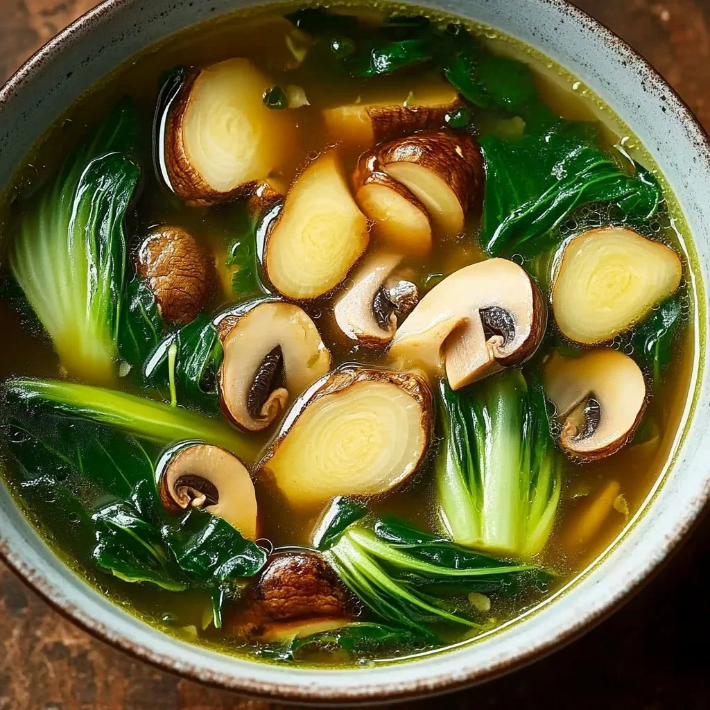 Bowl of homemade Bok Choy Soup with fresh ingredients and herbs