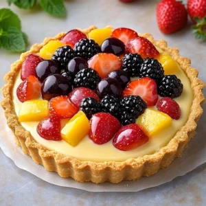 Homemade vanilla custard fruit tart topped with fresh berries and kiwi slices.