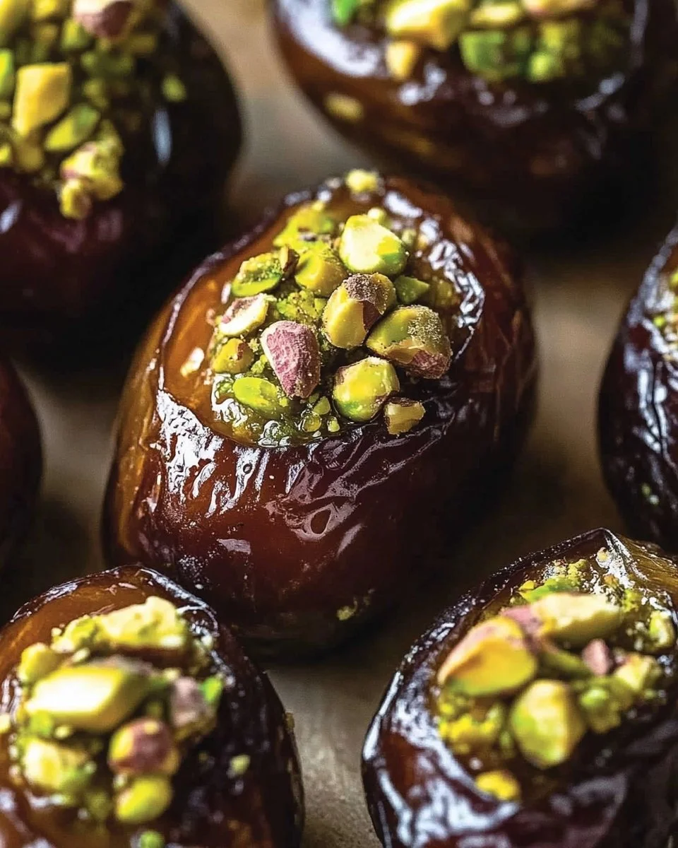 Honey pistachio ricotta stuffed dates on a serving platter