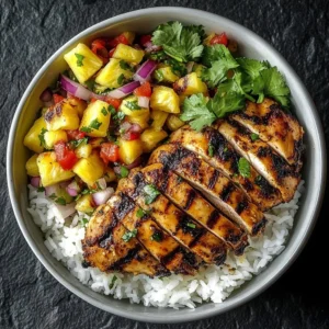Jerk chicken bowl topped with pineapple salsa for a flavorful dish
