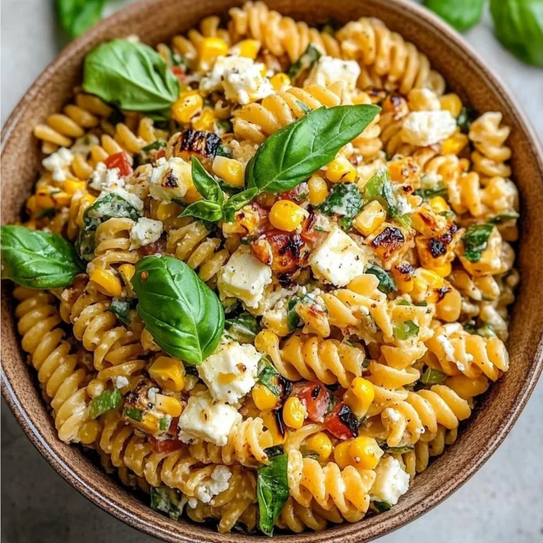 Juicy street corn pasta salad with fresh ingredients and vibrant colors.