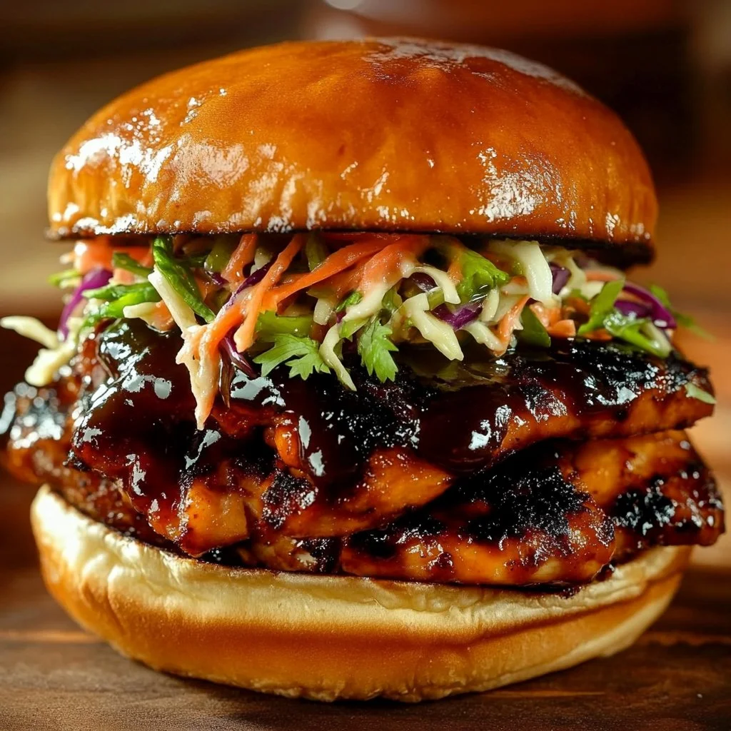 Korean BBQ Chicken Sandwich with cabbage slaw on a wooden plate