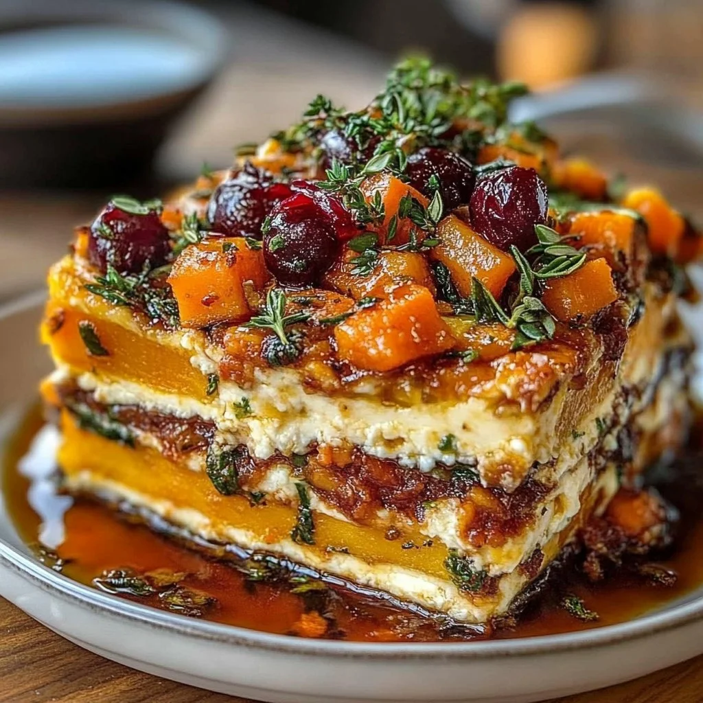 Layered sweet potato lasagna with butternut squash and carrot slices