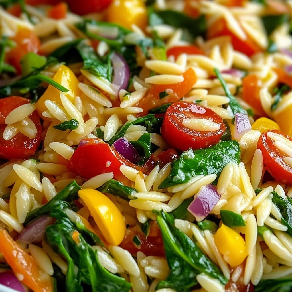 Lemon basil orzo pasta salad served in a vibrant bowl