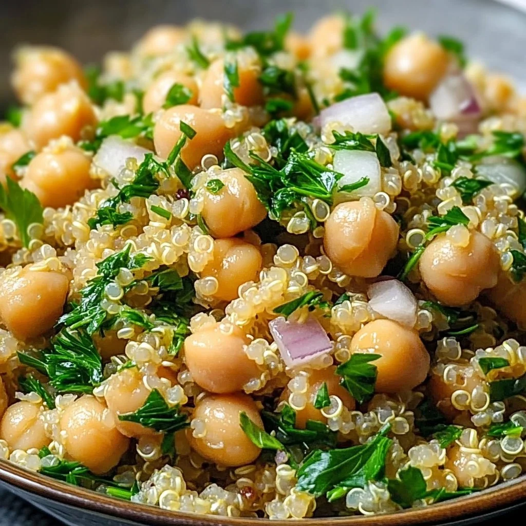 A bowl of Lemon Herb Quinoa with Chickpeas, garnished with fresh herbs.