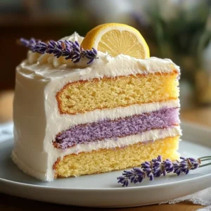 Lemon Lavender Cake with fresh lemons and lavender flowers on a white plate.