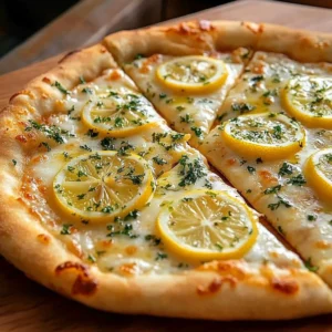 Delicious Lemon Pizza topped with fresh ingredients and vibrant lemon slices.