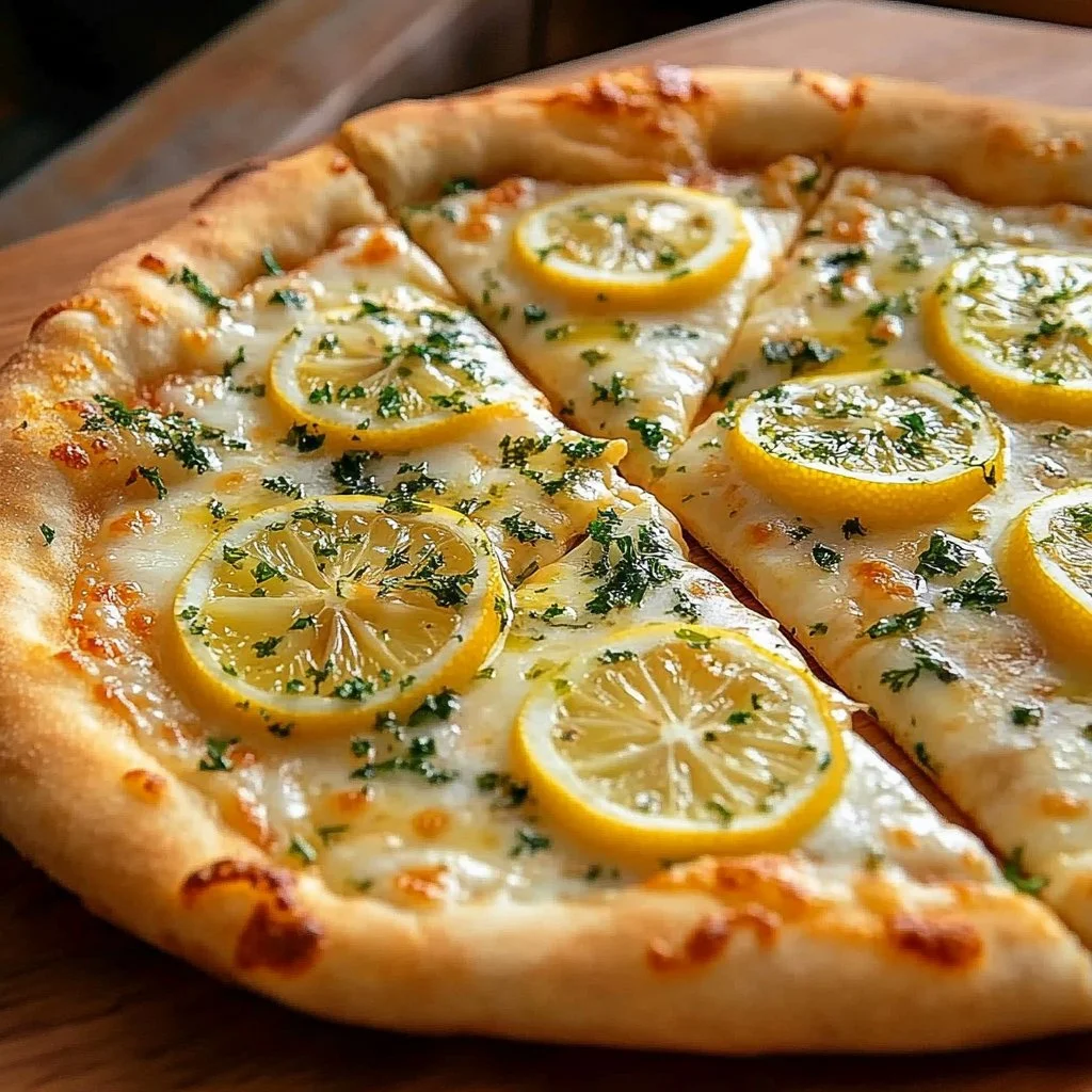 Delicious Lemon Pizza topped with fresh ingredients and vibrant lemon slices.