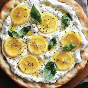 Delicious lemon pizza topped with fresh ingredients and zesty flavors.