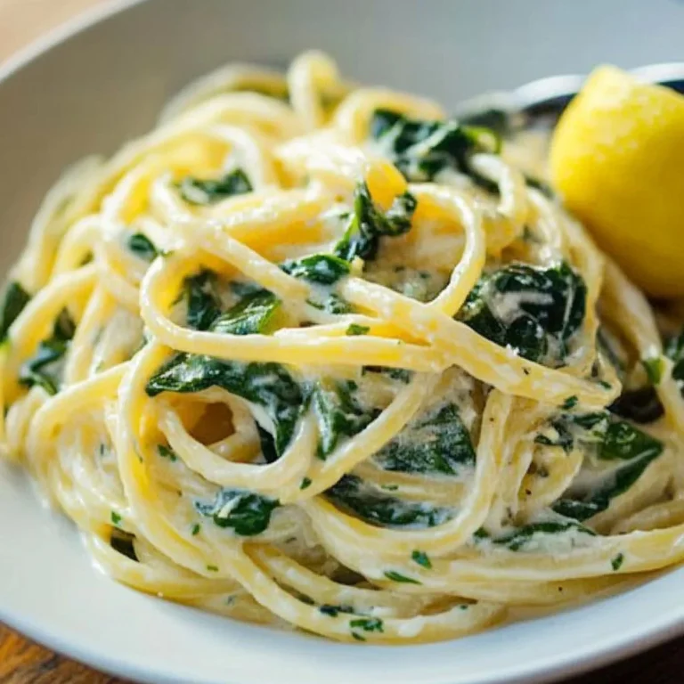 Plate of lemon ricotta pasta with spinach topped with herbs