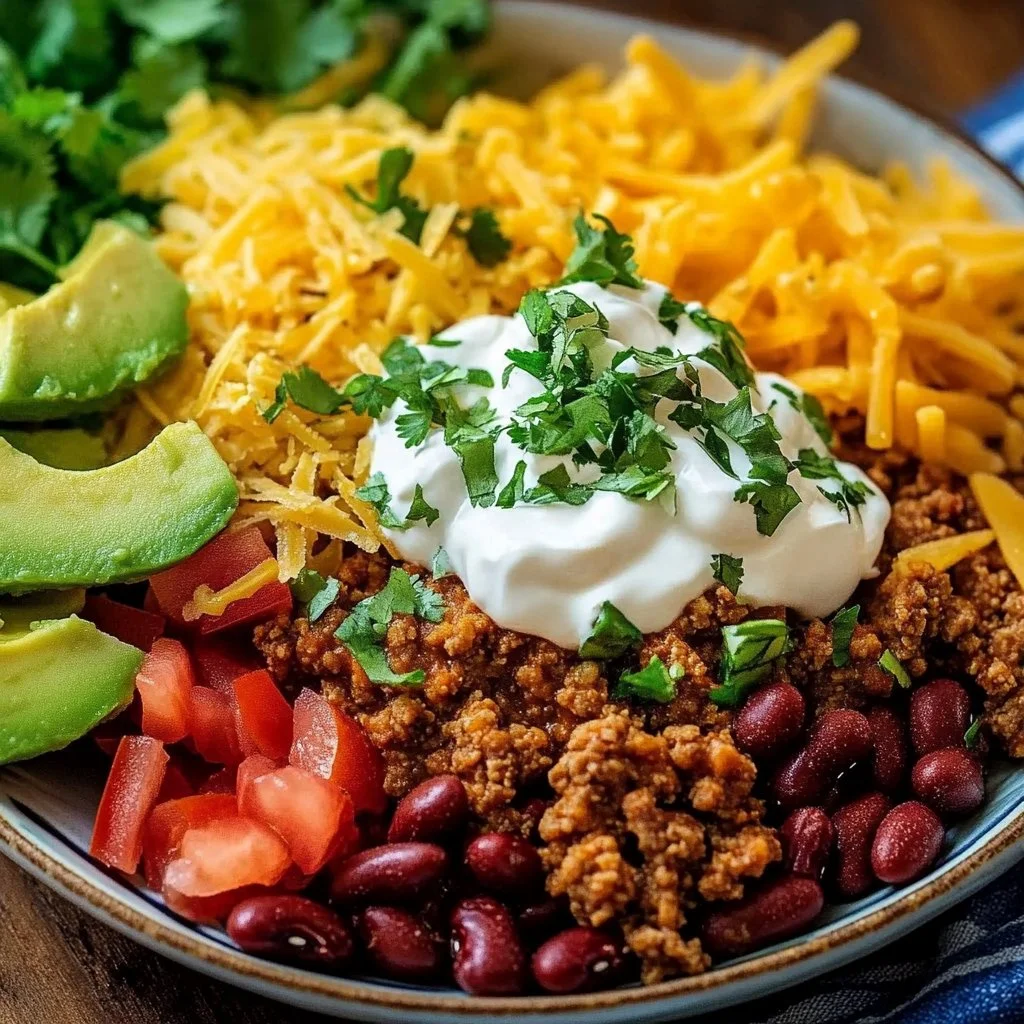 Delicious Loaded Potato Taco Bowl topped with fresh ingredients and savory flavors.