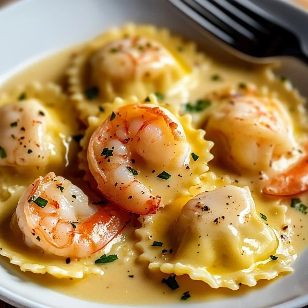 Plate of lobster ravioli served with lemon butter sauce for a gourmet dish