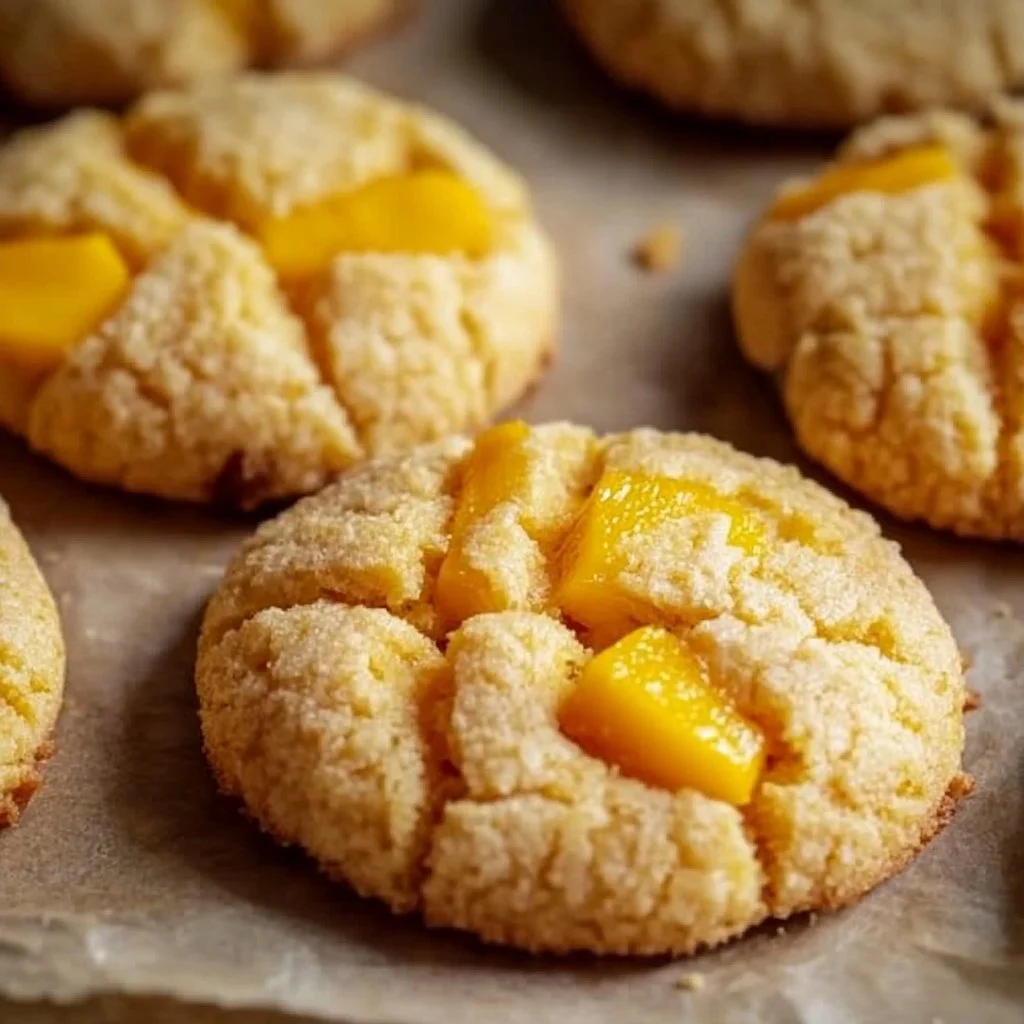 Freshly baked mango cookies on a rustic wooden table