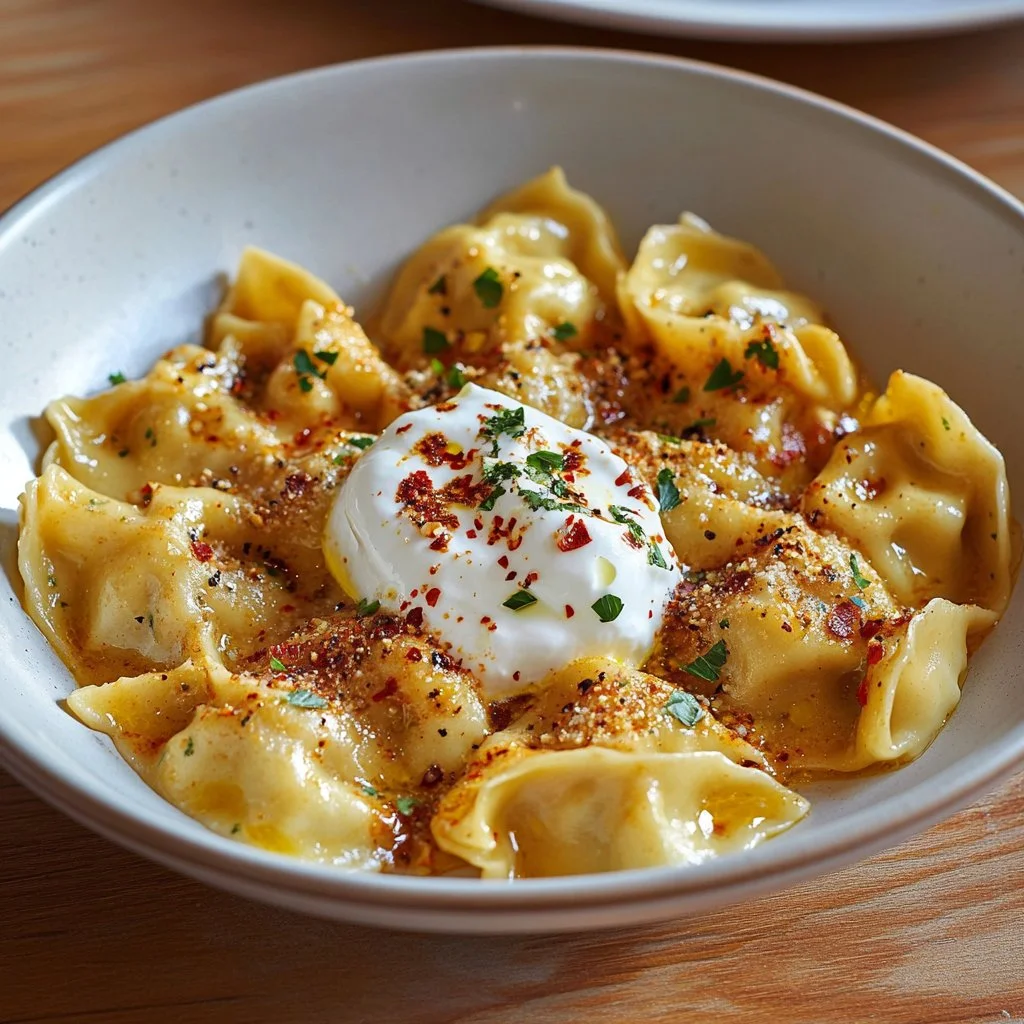 Manti, traditional Turkish dumplings served with garlicky yogurt and spiced oil.