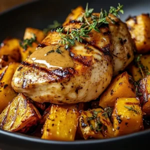 Delicious Maple Dijon Chicken served in a bowl with sweet potatoes and greens