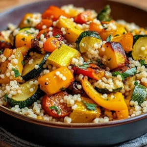 Plate of Moroccan Couscous topped with roasted vegetables for a vibrant meal.
