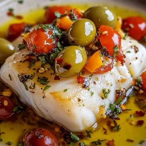 Mediterranean Baked Cod with Olives served with fresh herbs and lemon wedges
