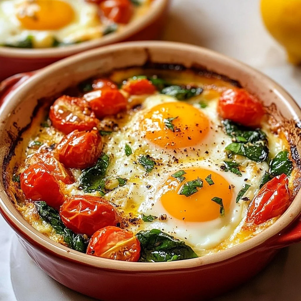 Mediterranean Baked Feta Eggs with fresh herbs and spices on a plate