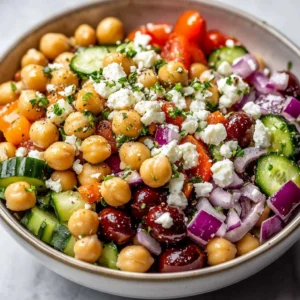 Mediterranean Chickpea Feta Salad with fresh veggies and dressing