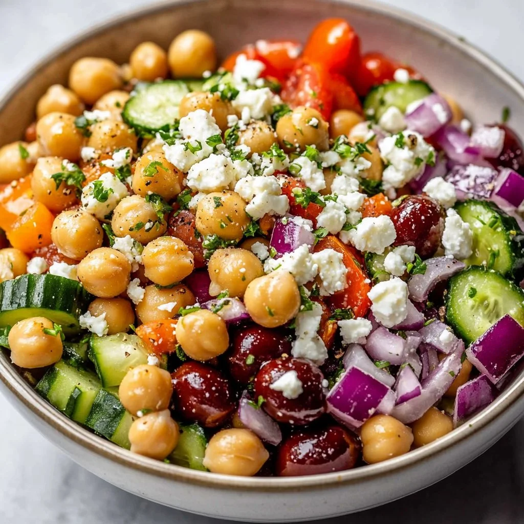 Mediterranean Chickpea Feta Salad with fresh veggies and dressing