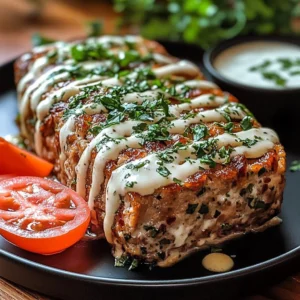 Mediterranean Meatloaf served with Garlic Herb Sauce on a plate.