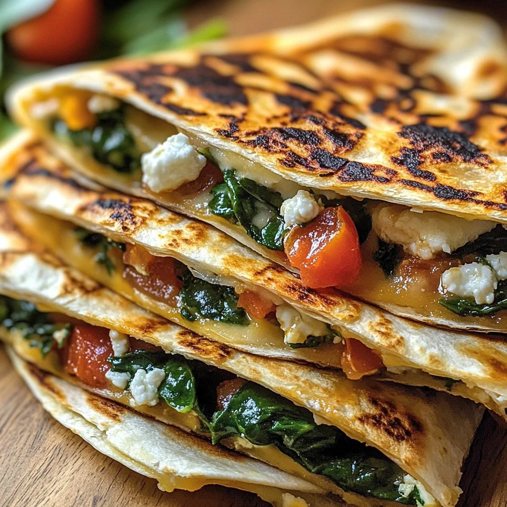 Mediterranean quesadillas with spinach, feta, mozzarella, and red onion on a plate