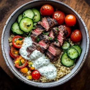 Mediterranean Steak Bowl with grilled steak and vibrant vegetables