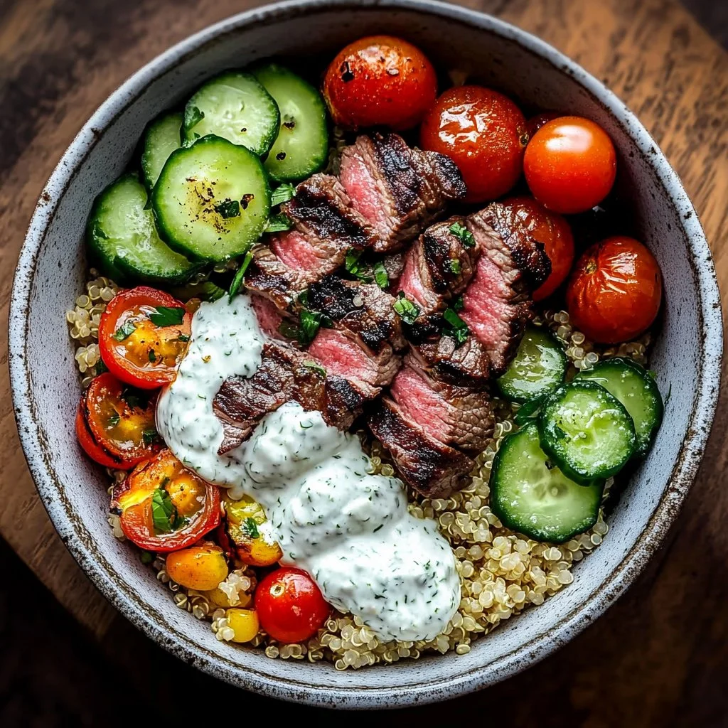 Mediterranean Steak Bowl with grilled steak and vibrant vegetables