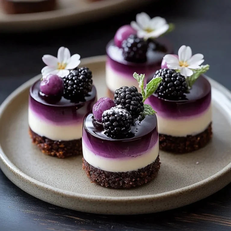 Mini blackberry mousse cakes topped with fresh blackberries and whipped cream