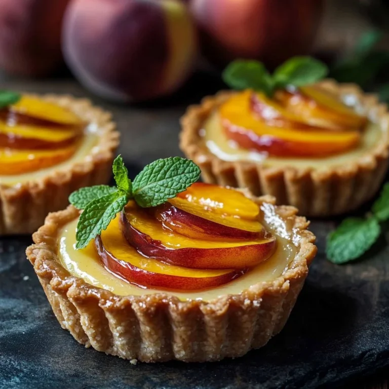 Mini Peach and Cream Cheese Tarts garnished with fresh peaches on a white plate