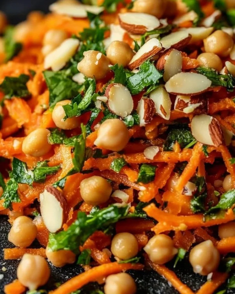 Moroccan Carrot Salad with chickpeas, garnished with herbs and spices.