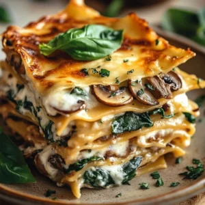 Mushroom Spinach Lasagna with layers of creamy sauce and fresh vegetables