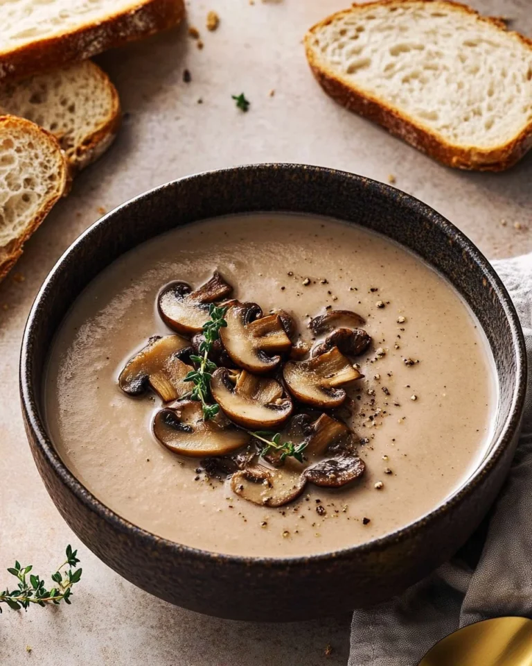 Creamy mushroom bisque served in a bowl garnished with fresh herbs