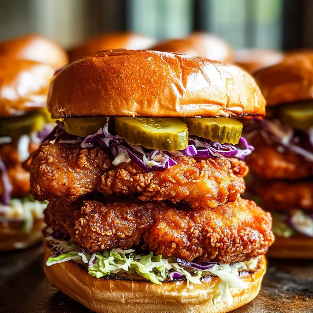 Nashville hot chicken sandwich with toppings and spicy sauce on a plate
