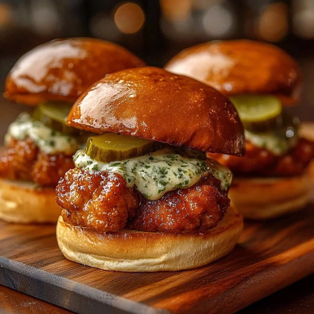 Irresistible Nashville Hot Chicken Sliders with Dill Pickle Aioli ready to serve