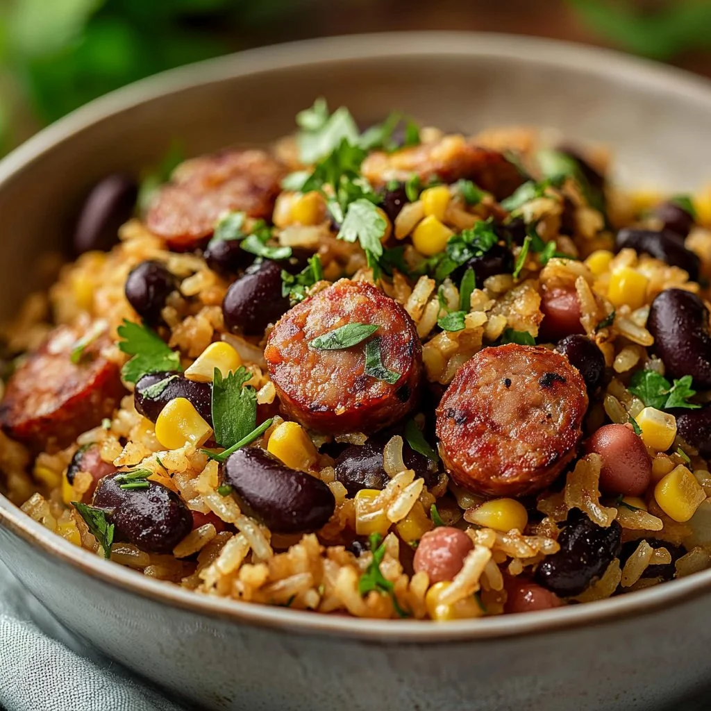 One-pan black beans sausage and rice skillet dish on a rustic table.